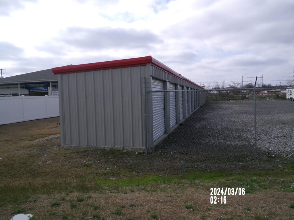 Storage unit facility
10’x160’x8’-6”’
Cold form frame
29 gauge roof
26 gauge walls
Gutters and downspouts

Huntington In Approx location
8-8’x7’ roll up door