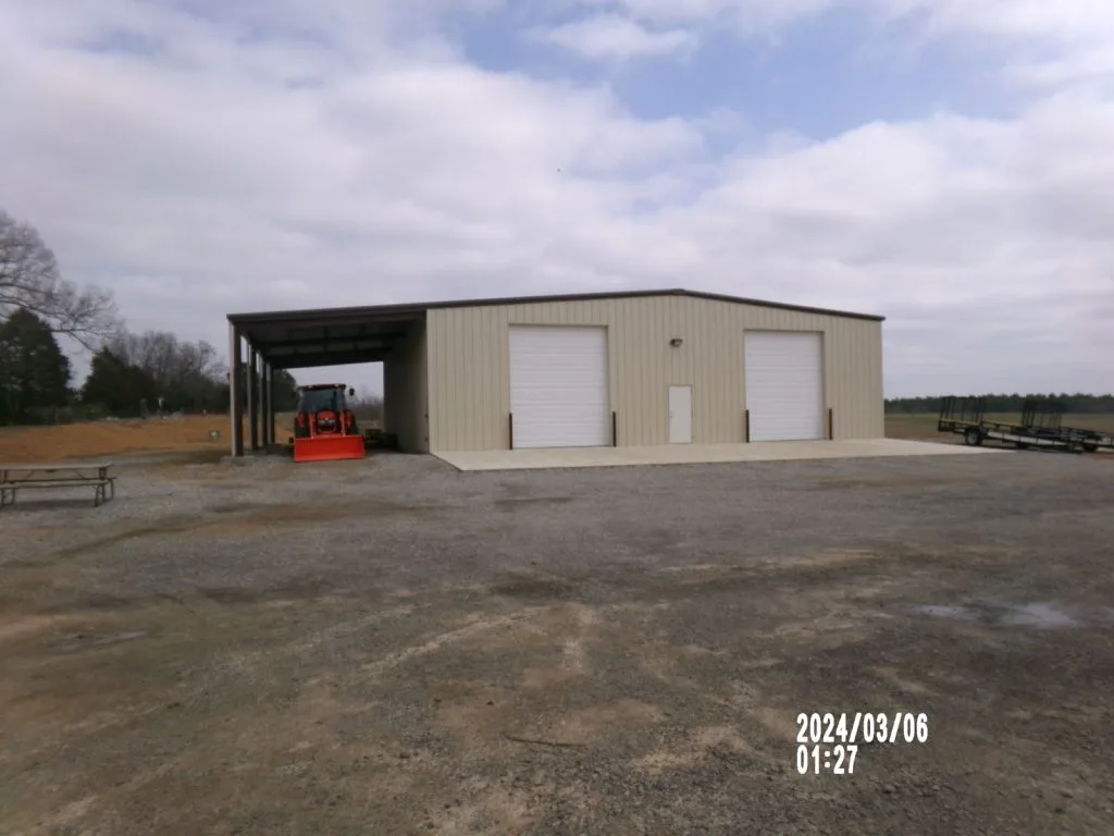 Barn garage with lean
50’x100’x16’ with 20’x100’ open wall lean to
Red iron column frame
26 gauge roof
26 gauge walls
Gutters and downspoutsCamden mississippi approx location
2-14’x14’ roll up door
3” roof and wall insulation insulation
1-3070 steel walk doors