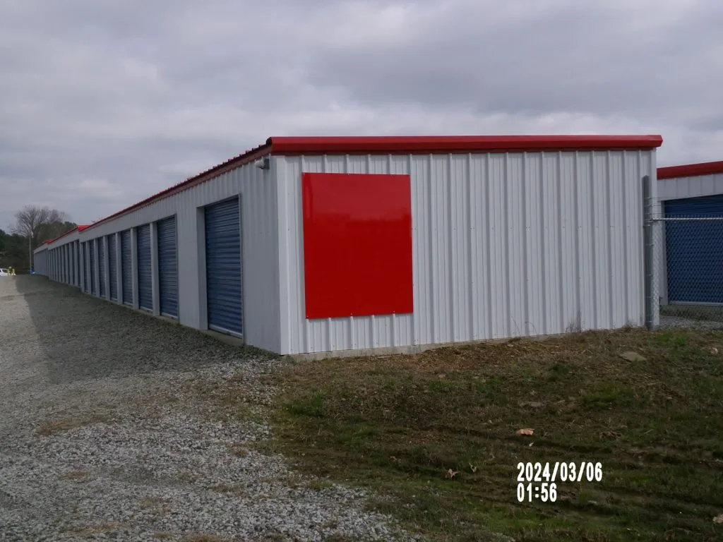 Mini self Storage
30’x120’ x8’-6”
Cold form frame
29 gauge roof
26 gauge walls
Built 2023
Olive Branch approx location
8’x7’ roll up doors
2” roof insulation